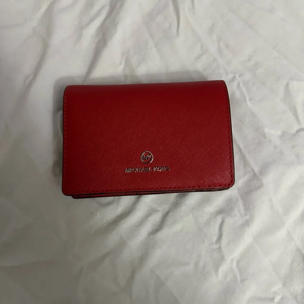 Michael Kors Flame Red Saffiano Leather Card Wallet with Gold Logo